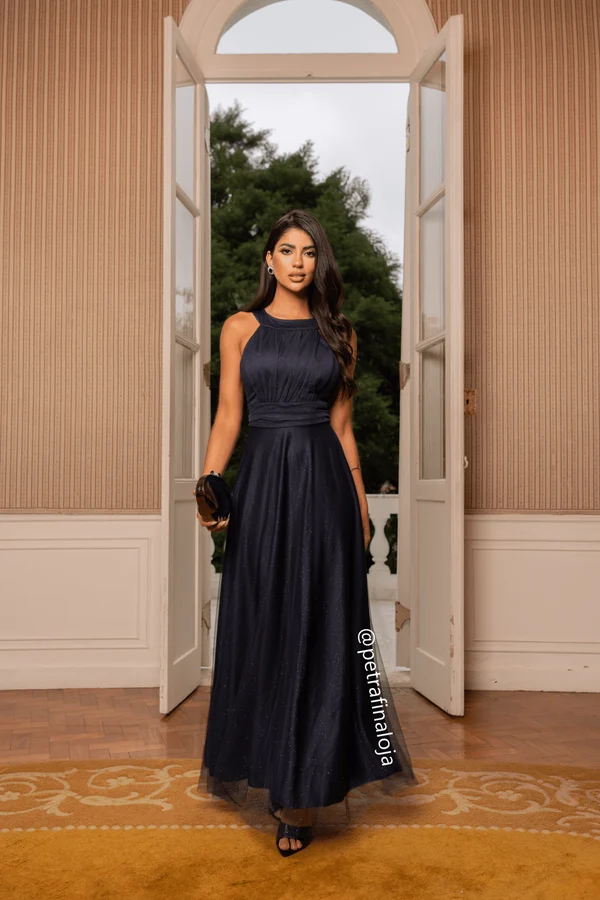 Vestido de Gola Tule Trabalhado da Gala Nobre Moda Festa - AZUL MARINHO