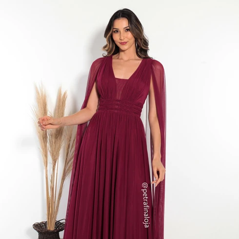 Vestido três listras pequenas com capa VESTIDO DE FESTA Gala Nobre Moda Festa