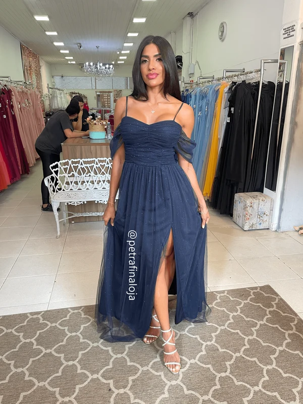 Vestido Franzido Ombro a Ombro da Gala Nobre Moda Festa - AZUL MARINHO