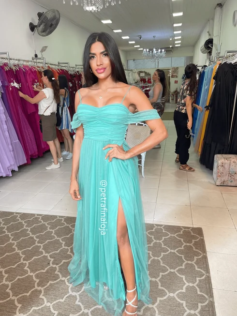 Vestido Franzido Ombro a Ombro da Gala Nobre Moda Festa - VERDE