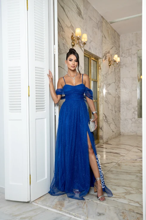 Vestido Franzido Ombro a Ombro da Gala Nobre Moda Festa - AZUL ROYAL