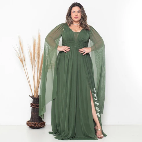 Vestido três listras pequenas com capa VESTIDO DE FESTA Gala Nobre Moda Festa VERDE OLIVA M
