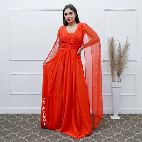 Vestido Três Listras Pequenas com Capa da Gala Nobre Moda Festa - CORAL