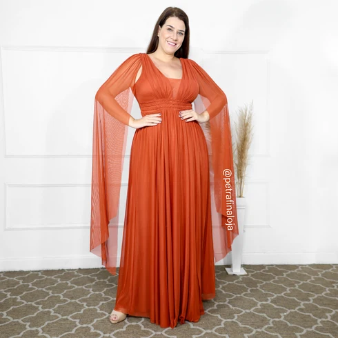 Vestido Três Listras Pequenas com Capa da Gala Nobre Moda Festa - TERRACOTA