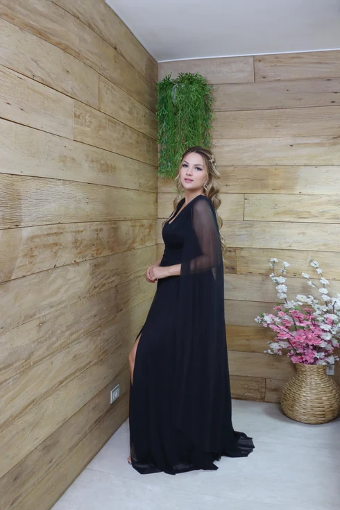 Vestido Três Listras Pequenas com Capa da Gala Nobre Moda Festa