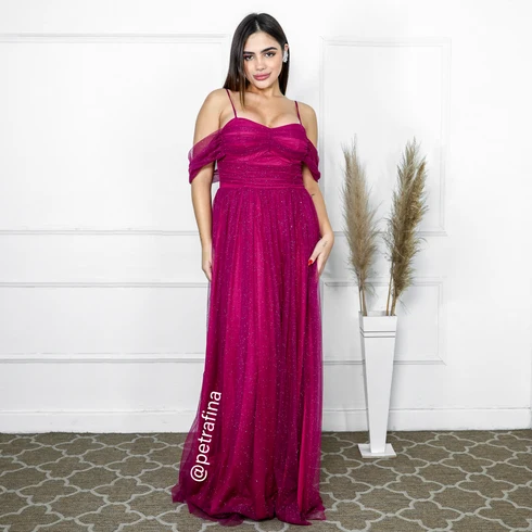 Vestido Franzido Ombro a Ombro da Gala Nobre Moda Festa - FUCSIA
