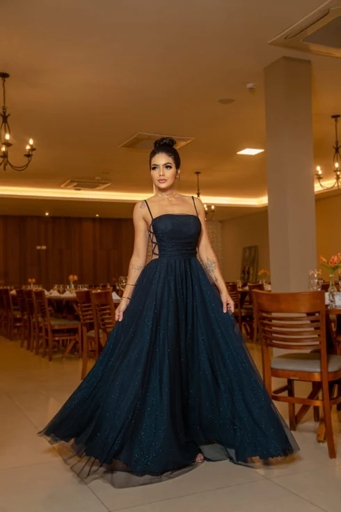 Vestido Decote Lateral X da Gala Nobre Moda Festa - AZUL MARINHO