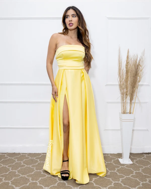 Vestido Tomara que Caia Acetinado da Gala Nobre Moda Festa - AMARELO