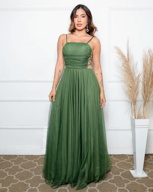 Vestido Decote Lateral X da Gala Nobre Moda Festa - VERDE OLIVA