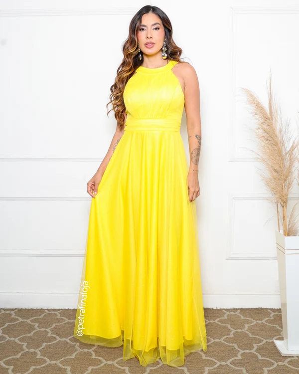 Vestido de Gola Tule Trabalhado da Gala Nobre Moda Festa - AMARELO