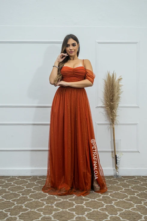 Vestido Franzido Ombro a Ombro da Gala Nobre Moda Festa - TERRACOTA